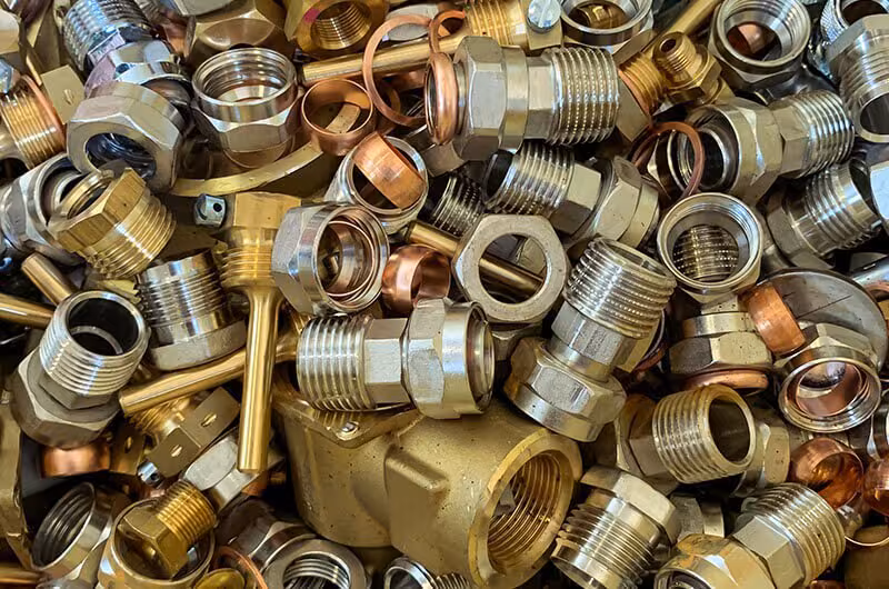 Brass plumbing fixtures and fittings scrap - tees elbows couplings for metal recycling