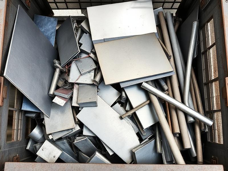 Molybdenum scrap sheet offcuts and rod pieces in an industrial crate