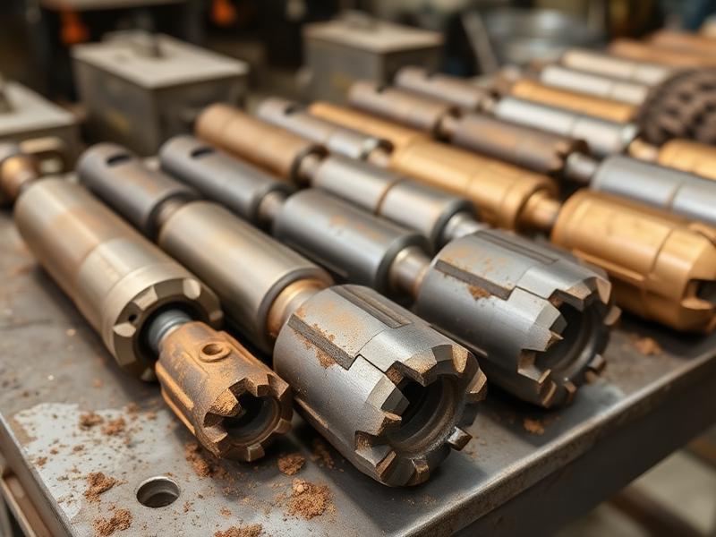 Used oil and gas drilling carbide components on an industrial workbench