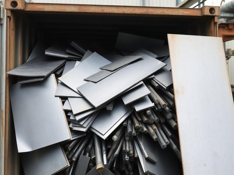Titanium scrap sheet offcuts, bar ends and turnings in a shipping container