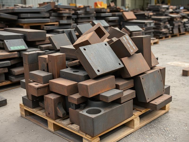 Tool steel scrap die blocks and machined offcuts stacked on a pallet